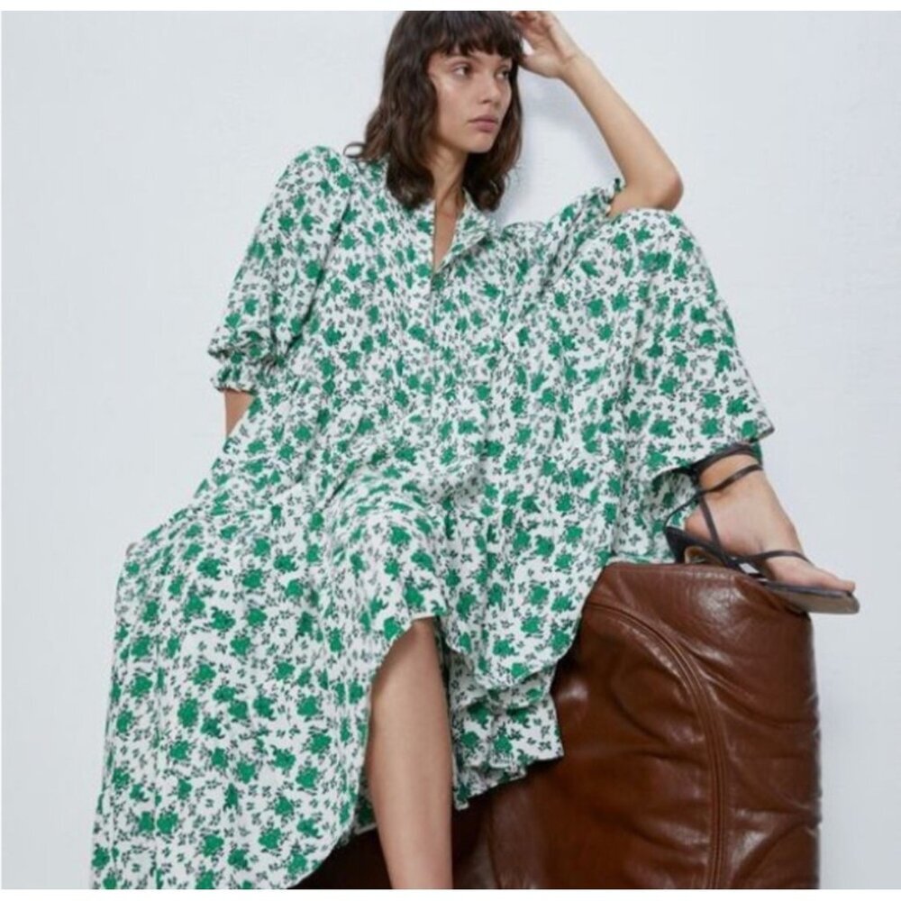 Zara Block Print Maxi Prairie Boho Dress Green & White Blogger Favorite